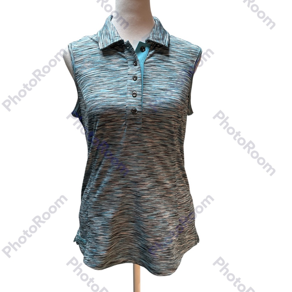 Chase 54 Heathered Teel White Black Sleeveless 1/2 Button Women's Collar Top S